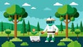 An autonomous tree planter roams through the forest planting seedlings at designated locations based on soil and Royalty Free Stock Photo