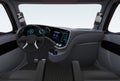 Autonomous truck interior with black seats and touch screen instrument panel