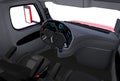 Autonomous truck interior with black seats and touch screen instrument panel