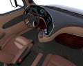 Autonomous truck interior with brown seats and touch screen instrument panel