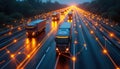 Autonomous trucks travel on highway at night. Connected by network of orange lights, representing data transfer, digital Royalty Free Stock Photo