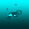 Autonomous underwater drone or robot with camera exploration seabed. Seabed underwater and rays of sunlight shining