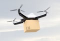 Autonomous unmanned drone delivering cardboard box in the sky