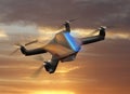 Autonomous unmanned drone with surveillance camera flying in sunset sky Royalty Free Stock Photo