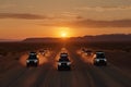 autonomous vehicle convoy, traveling on desert road at sunset