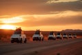 autonomous vehicle convoy, traveling on desert road at sunset