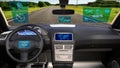 Autonomous vehicle, driverless SUV car with infographic data driving on the road, inside view, 3D render