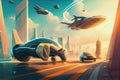 autonomous vehicle drivethrough a futuristic cityscape, with flying cars and hoverboards visible in the background Royalty Free Stock Photo