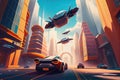 autonomous vehicle drivethrough a futuristic cityscape, with flying cars and hoverboards visible in the background Royalty Free Stock Photo