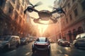 autonomous vehicle driving in crowded city, with drone flying overhead