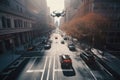 autonomous vehicle, with drone flying overhead, driving down busy city street Royalty Free Stock Photo