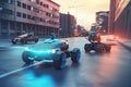 autonomous vehicle and drone racing against each other on city streets