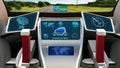 Autonomous vehicle, electric driverless car with infographic data driving on the road, inside view, 3D render Royalty Free Stock Photo