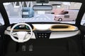 Autonomous vehicle interior. Head up display shows traffic information