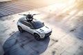 autonomous vehicle showing its capabilities to potential client with drone flyover