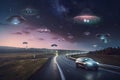 autonomous vehicles and drones travel along space-themed highway with floating planets and stars in the background