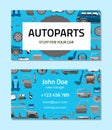 Autoparts business card template. Stuff for your car. Car service card vector illustration. Car details, repair, gear