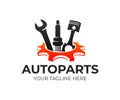Autoparts in gear, auto piston, spark plug and wrench, logo design. Automotive parts, automobile detail and repairing car, vector