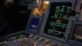 Autopilot control element of an airliner. Panel of switches on an aircraft flight deck. Thrust levers of a twin engined Royalty Free Stock Photo