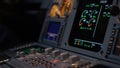 Autopilot control element of an airliner. Panel of switches on an aircraft flight deck. Thrust levers of a twin engined Royalty Free Stock Photo