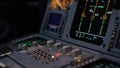 Autopilot control element of an airliner. Panel of switches on an aircraft flight deck. Thrust levers of a twin engined Royalty Free Stock Photo
