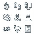 autoracing line icons. linear set. quality vector line set such as evaluate, conveyor belt, motorbike, traffic cone, racer, helmet Royalty Free Stock Photo