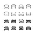 Autos front view line and silhouette vector icons