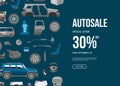 Autosale special offer banner. Car service discount vector illustration. Car detail, repair, gear brake, seat