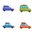 Autotravel icons set cartoon vector. Car with luggage on roof Royalty Free Stock Photo