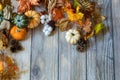 Autumn Background with leaves, pumpkins, and gourds. Royalty Free Stock Photo