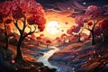 Autum landscape with colorful foliage on the trees, river with floating water, sunrise, hearts in the sky, surreal nature,