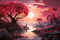 Autum landscape with colorful foliage on the trees, river with floating water, sunrise, hearts in the sky, surreal nature,