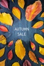 Autum Sale. Vertical discount banner or flyer design with vibrant autumn leaves