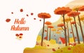 Hello, Autumn. Autumn card. Landscape with road, house and yellow magical trees. Cartoon style vector.