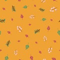 Autumn abstract doodle berries and leaves seamless vector pattern purple mustard orange pink teal. Flowers and leaves Royalty Free Stock Photo