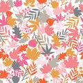 Autumn abstract doodle leaves background. Scandinavian style seamless vector pattern. Pink gold blue orange gray leaf Royalty Free Stock Photo