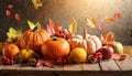 Autumn abundance: pumpkins, fruits and falling leaves on rustic wooden table