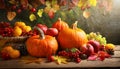 Autumn abundance: pumpkins, fruits and falling leaves on rustic wooden table