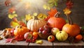 Autumn abundance: pumpkins, fruits and falling leaves on rustic wooden table