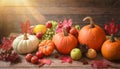 Autumn abundance: pumpkins, fruits and falling leaves on rustic wooden table