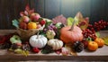 Autumn abundance: pumpkins, fruits and falling leaves on rustic wooden table