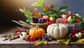 Autumn abundance: pumpkins, fruits and falling leaves on rustic wooden table