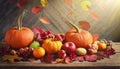 Autumn abundance: pumpkins, fruits and falling leaves on rustic wooden table