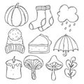 Autumn accessories vector set. Winter hat, warm socks, umbrella, piece of pie, candle, mushroom, cloud, pumpkin