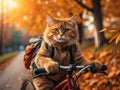 Autumn Adventure A Sporty Cat Pedals Through Sunset Forest on a Bicycle, Backpack in Tow