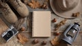 Autumn Adventure Travel Flat Lay with Boots Camera Notebook and Lantern Royalty Free Stock Photo