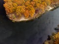 Autumn aerial look down on river in forest