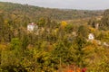 Autumn aerial view of Svaty Jan pod Skalou village, Czech Republ