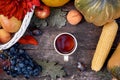 Autumn aesthetic rustic still life: fruits, vegetables and cup of tea: pumpkin, pears, apple, melon, grape and corn Royalty Free Stock Photo