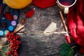 Autumn aesthetic still life: fruits, vegetables and bright paints with a cinnamon sticks, viburnum, flower petals and Royalty Free Stock Photo